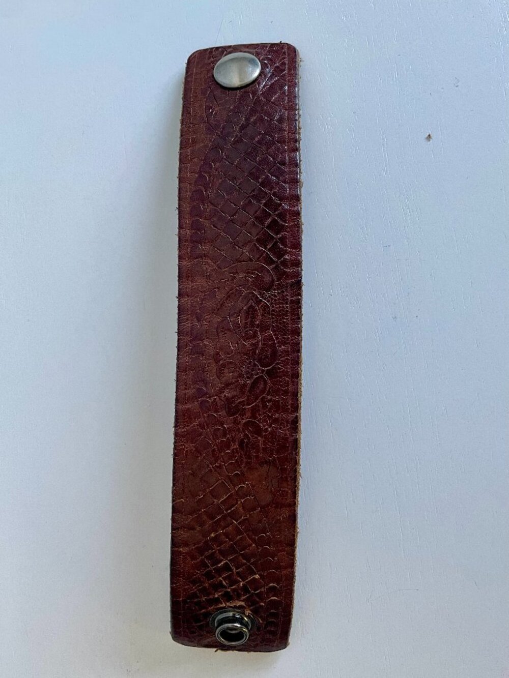 Brown Textured Leather Embossed Snap Cuff Bracelet